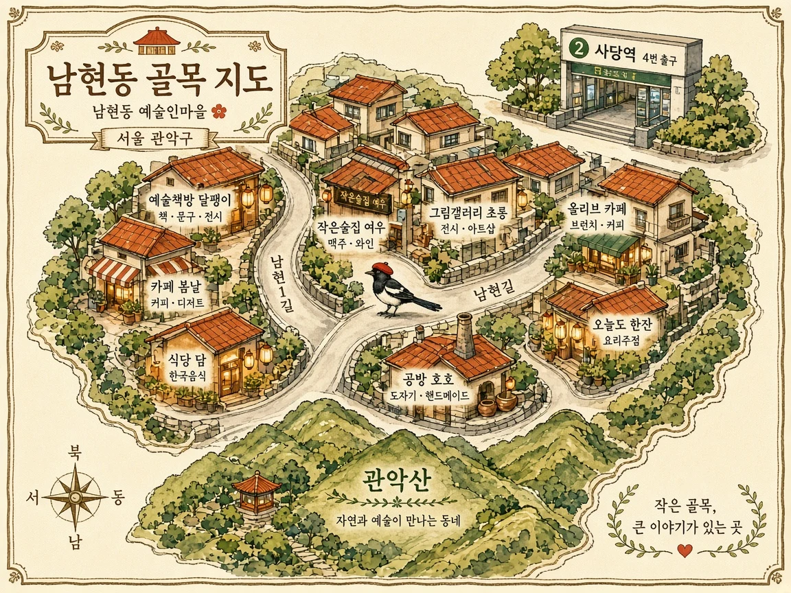 남현동 골목 지도 일러스트. 사당역 4번 출구에서 남현1길과 남현길로 이어지는 가게들.